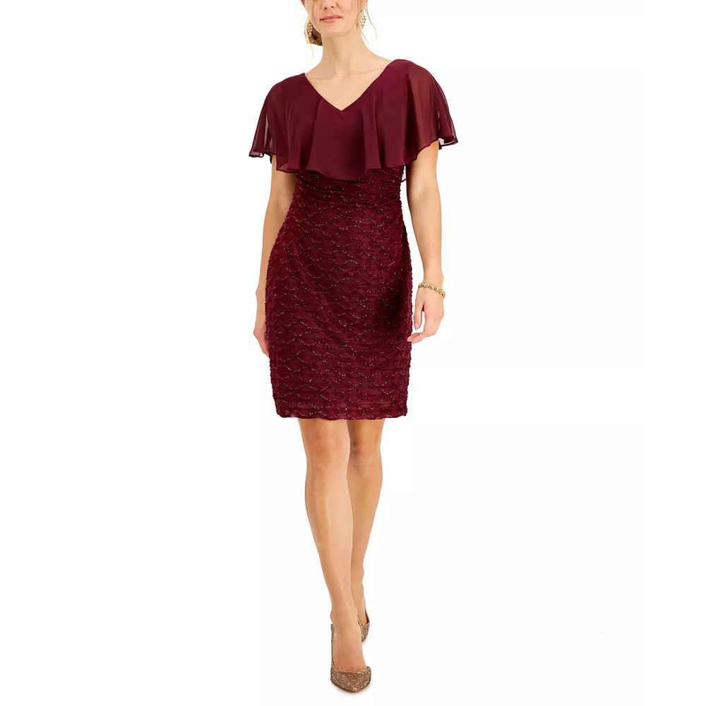 connected apparel Burgundy Midi Dress with Flutter Cape